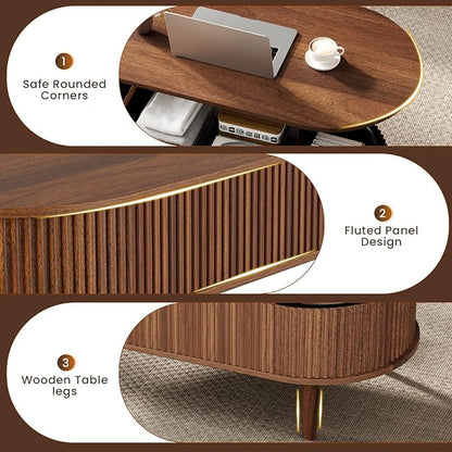 BREEZEHEAT Fluted Lift Top Coffee Table, 39" Mid Century Modern Coffee Table, Hidden Compartment & Fully Assembled Centre Table Oval Lift Tabletop for Living Room, Small Space, Home Office, Walnut