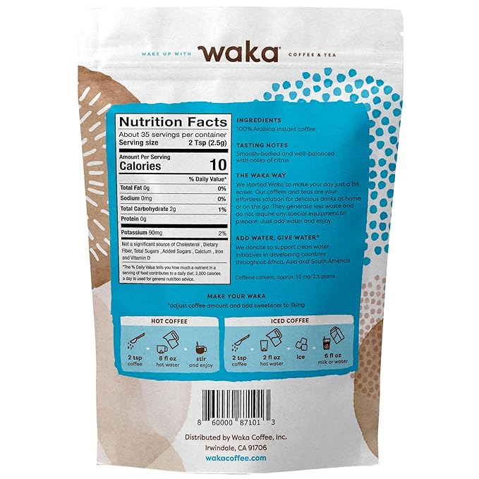 Waka Instant Coffee, Medium Roast - 100% Arabica Colombian Beans, Freeze Dried Granules, No Sugar or Additives - Bulk Bag for Quick Hot and Iced Coffees, Up to 35 Cups (3.5oz)