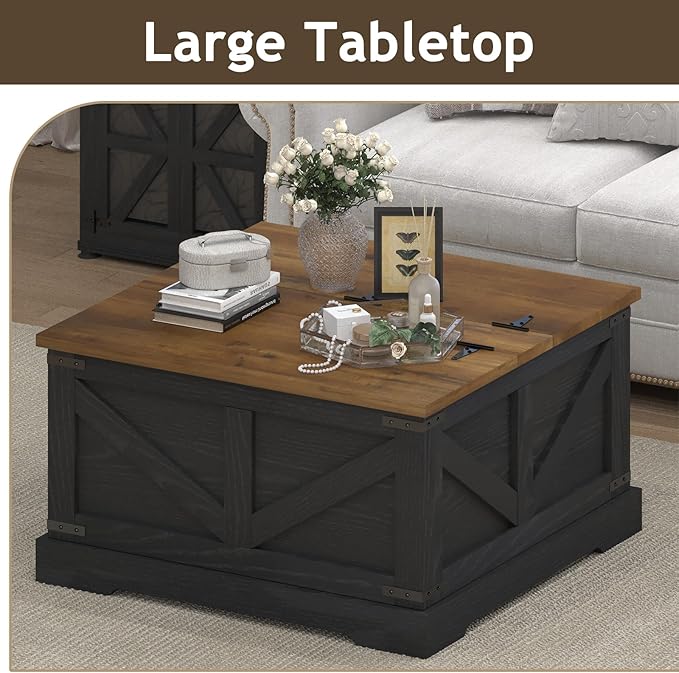 Farmhouse Coffee Table with Hidden Storage Compartment, Black Square Coffee Table for Living Room, Wood Center Table with Hinged Lifting Tabletop for Home