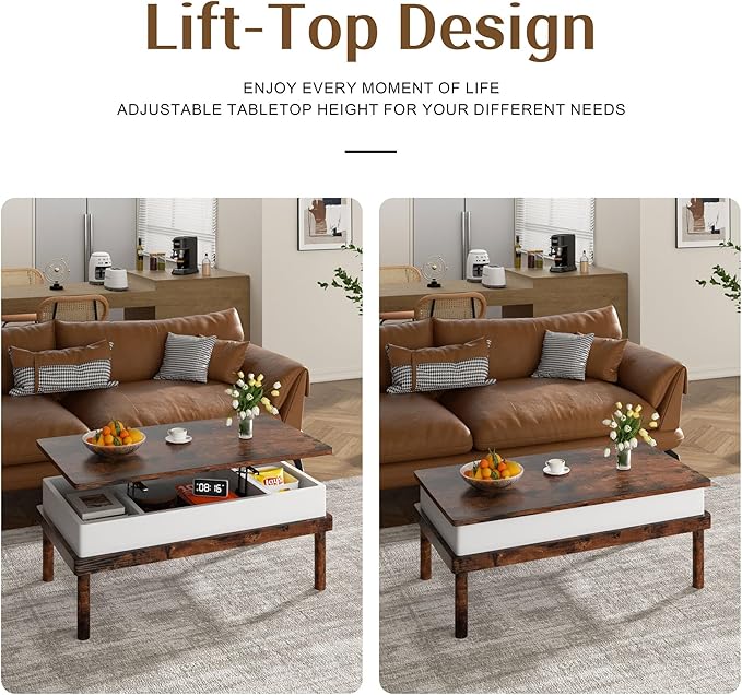 Shintenchi Coffee Table, Lift Top Coffee Table with Hidden Compartment, Rising Tabletop Dining Table, Lift Top Coffee Center Table for for Living Room, Office, Home (Rustic Brown)