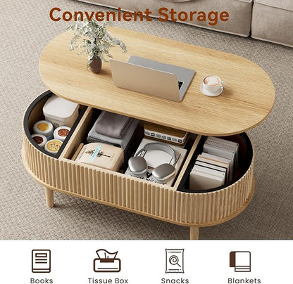 BREEZEHEAT Fluted Lift Top Coffee Table, 39" Oval Coffee Table with Storage, Hidden Compartment & Fully Assembled Centre Table Oval Lift Tabletop for Living Room, Small Space, Home Office, Natural