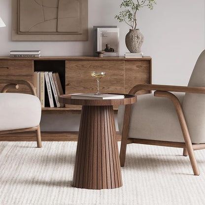 win2win Nesting Coffee Table Set of 2, Mid Century Modern Coffee Table with Wood Grain Veneer, Fluted Round Tea Table and End Table Set, Minimalist Center Tables for Living Room, Office, Walnut