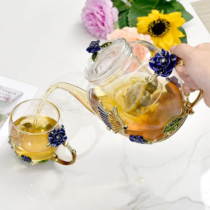 46oz/1300ml Enamel Glass Teapot With Rose Flower Butterfly And Gold Edge,Blue Rose Teapot With Infuser And Lid For Mom,Women,Mother,Birthday