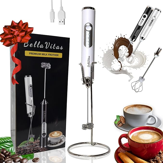 Rechargeable Handheld Milk Frother, Coffee Frother Wand with Stand and 2 Stainless Steel Whisks, Portable Mixer and Foamer, 3 Speed Whisk for Latte, Cappuccino, Matcha, Cocoa, Eggs, White-1