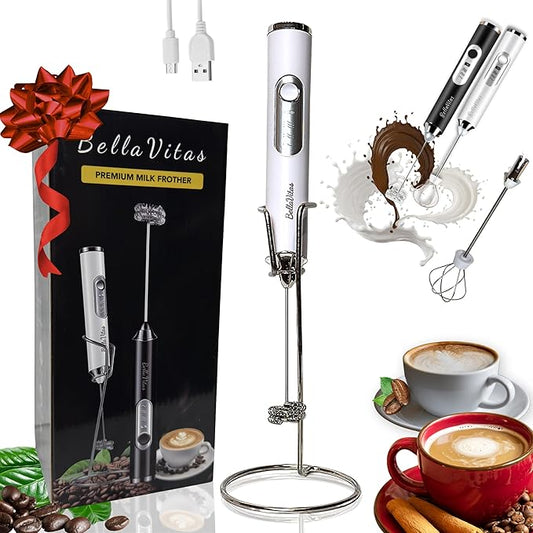 Rechargeable Handheld Milk Frother, Coffee Frother Wand with Stand and 2 Stainless Steel Whisks, Portable Mixer and Foamer, 3 Speed Whisk for Latte, Cappuccino, Matcha, Cocoa, Eggs, White-1