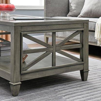 MODERION Solid Wood Coffee Table with Tempered Glass Top, Rectangular Living Room Table with 2-tire Storage Shelf, Industrial Centre Table, 45.5" X 26" Tabletop, Easy Assembly Antique Grey KFZ1318AN