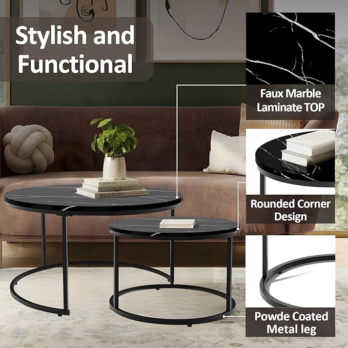 Round Coffee Table, Circle Nesting Coffee Tables for Living Room, Small Dining Center Space Saving Living Room Small Tables, Modern Center Table Dining Black, Modern Home Furniture