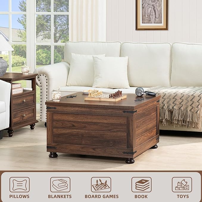 Farmhouse Coffee Table with Hidden Storage,Large Square Center Table for Living Room,Retro Cocktail Tables with Flip-Top Lids, Farm House Tables with Wooden Gourd Feet for Home,Brown Walnut