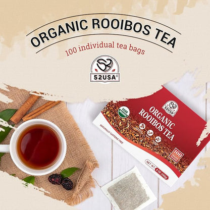 52USA Rooibos Tea Organic, 100 Tea bags, Pure Premuim Rooibos Tea, Naturally Sweet Herbal Tea, Caffeine Free Rooibos Tea, Farmed in South Africa, 9oz (250g)