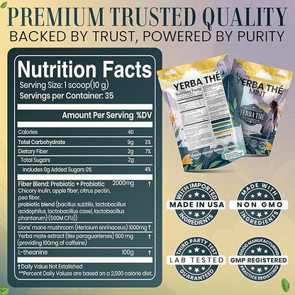 Ancient Diosa - Yerba Mate Tea Powder 350g, 35-Servings - Mint Flavor Clean Energy Drink Superfood - Support Gut Health with Probiotics and Prebiotics, Reduce Brain Fog, Relaxation and Focus Blend