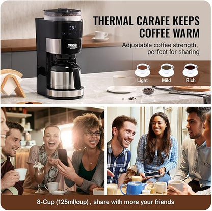 VEVOR Coffee Maker with Grinder, 8 Cup Programmable Coffee Machine, Grind and Brew Coffee Maker with 3 Brew Strength Control, Reusable Filter, Removable Water Tank, for Home Office Restaurant