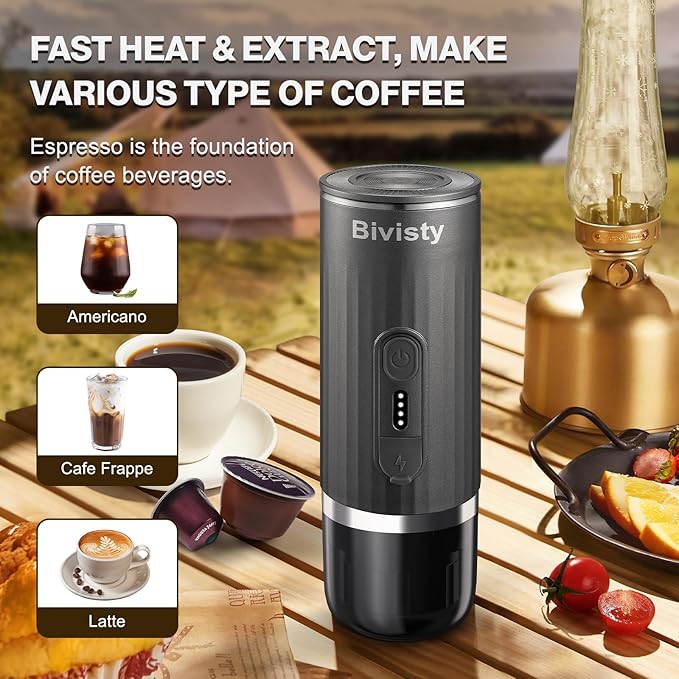 Portable Espresso Maker, Wireless Self-heating, Travel Coffee Maker, 80ml Water Tank, Ground Coffee Compatible with Nespresso & Dolce Gusto for Travel, Camping, Hiking, Office (Grey)