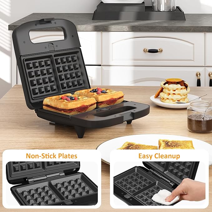Sunvivi 3 in 1 Electric Sandwich Maker: Panini Press Grill and Waffle Iron Set, Grill and Sandwich Press with Removable Nonstick Plates, Indicator Lights & Cool Touch Handle, 800W, Black