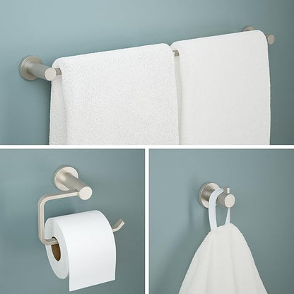 Franklin Brass Kildare 3-Piece Bathroom Set Satin Nickel 18" + 6" Towel Rack, Toilet Paper Holder/Hand Towel Holder, Hook | 3-Piece Bath Hardware Accessories Set KLD63-SN