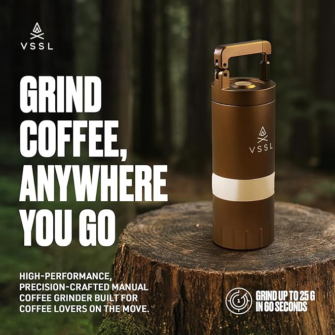 Java G25 Manual Coffee Grinder | Coffee for Camping | Bean Grinder | Travel Pour Over | Stainless Steel Conical Burr | ~ 25 Gram Capacity | Extendable Grind Handle | 50 Grind Settings | Bronze