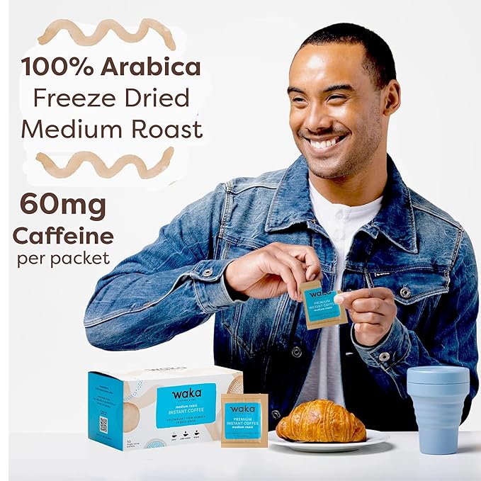 Waka Instant Coffee, Medium Roast - 100% Arabica Colombian Beans, Freeze Dried Granules, No Additives - Single Serve Packets for Quick Hot and Iced Coffees (50 Individual Coffee Packets)