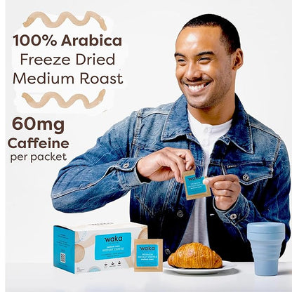 Waka Instant Coffee, Medium Roast - 100% Arabica Colombian Beans, Freeze Dried Granules, No Additives - Single Serve Packets for Quick Hot and Iced Coffees (50 Individual Coffee Packets)