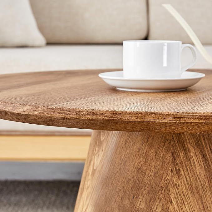 25.6" Small Round Coffee Table, Wood Mid Century Modern Coffee Tables with Pedestal Base, Space Saving Circle Center Table for Living Room, Small Space, Apartment (Wood)