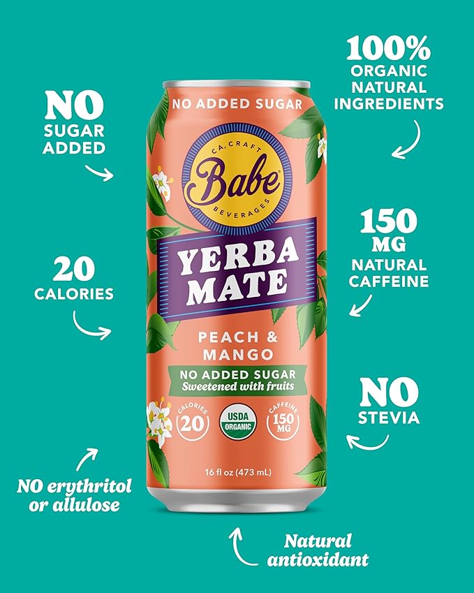 Babe Organic Yerba Mate Energy Drinks | NO SUGAR ADDED with 150mg Plant-Based Caffeine | Natural Yerba Mate Tea with No Crash, No Jitters - Peach Mango (12 x 16oz Cans)