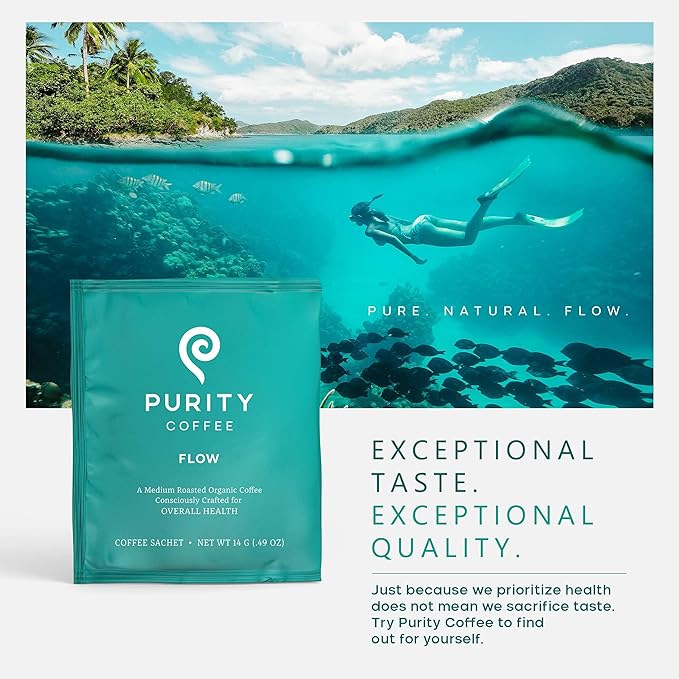 Purity Coffee FLOW Medium Roast Organic Coffee - USDA Certified Organic Specialty Grade Arabica Single-Serve Packets - Third Party Tested for Mold, Mycotoxins and Pesticides - 5 ct Box