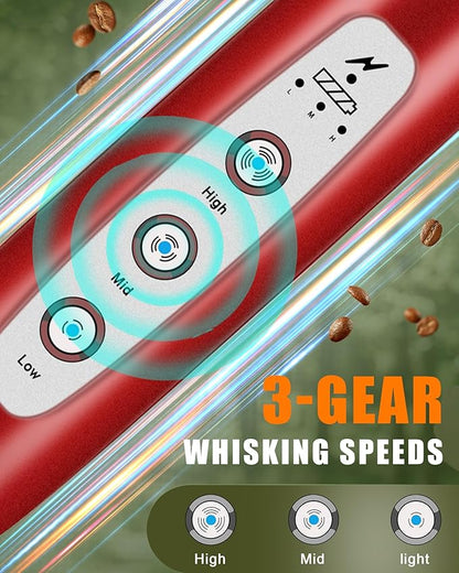 YUSWKO Rechargeable Milk Frother for Coffee, Handheld Drink Mixer with 3 Heads 3 Speeds, Ideal Coffee Frother Wand for Travel - Red