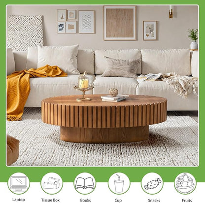 Handmade Oval Grooved Drum-Shaped Coffee Table、Rustic Modern Circular Centerpiece for Living Room & Farmhouse Decor、Easy to Clean (C Wood 43in)