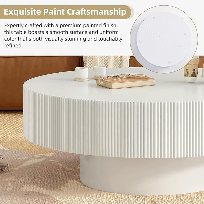 31.5 Inch Round Drum Coffee Table, Modern Handcraft Fluted Drum Coffee Table, Wooden Round Coffee Table Center Table Cocktail Table with Stable Pedestal for Living Room Apartment (White)