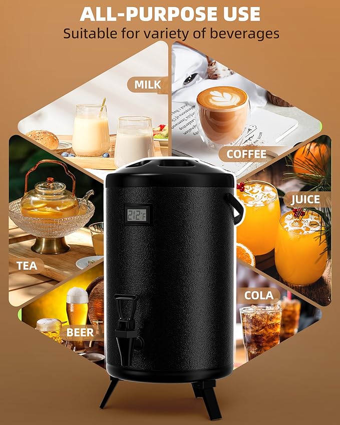 Insulated Beverage Dispenser 2 Gallon, Hot Drink Dispenser with 304 Stainless Steel Interior, Hot Water Dispenser for Parties, Hot Water Urn with Stand for Coffee Chocolate Tea, Black,HP2