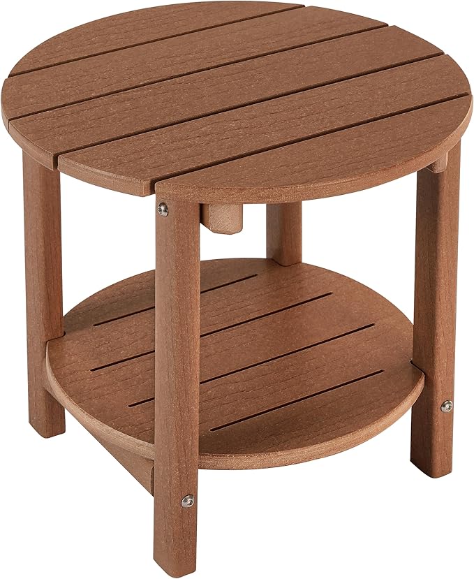 LZRS Round Adirondack Side Table Double End Table, Outdoor Side Tables for Patio, Backyard,Pool, Indoor Companion, Easy Maintenance & Weather Resistant(Brown)
