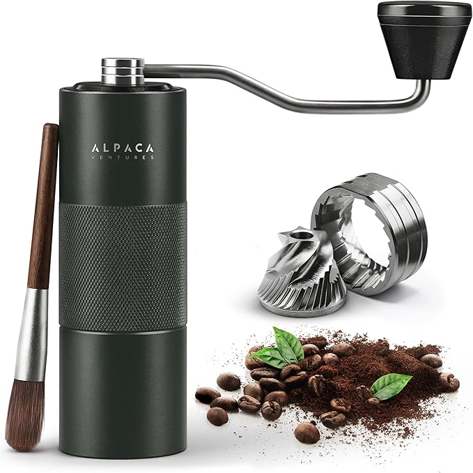 Manual Coffee Grinder by Alpaca Ventures - Stainless Steel Conical Burr Coffee Grinder Manual with Adjustable Setting Double Bearing Hand Espresso Grinder Perfect for Home, Office and Camping