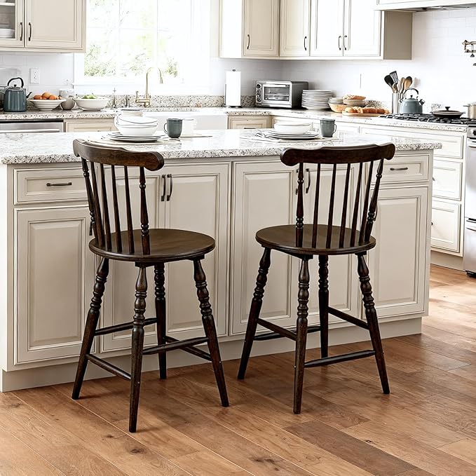 chairus 24" Windsor Counter Height Bar Stools Set of 3, Farmhouse Wooden Counter Stools with Spindle Back & Turned Legs, Rustic Vintage Colonial Bar Chairs for Kitchen Island, Antique Brown