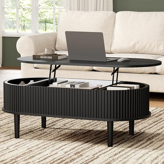 BREEZEHEAT Fluted Lift Top Coffee Table, 39" Black Modern Oval Coffee Table with Storage, Hidden Compartment & Fully Assembled Centre Table, Lift Tabletop for Living Room, Home Office, Small Space