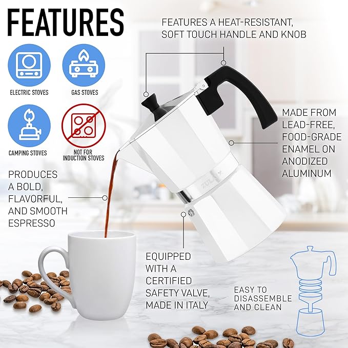 Zulay Moka Pot Espresso Stovetop Coffee Maker - Leak-Proof, Stainless Steel, Easy to Clean, Heat Resistant Handle & Knob - for Authentic Cuban & Italian Style Espresso - Makes 9 Espresso Cups - White