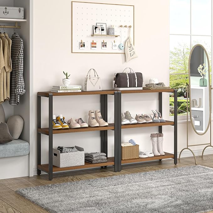 FOLUBAN Small Bookshelf and Bookcase, 3 Tier Low Short Book Shelf, Industrial Metal and Wood Book Case for Living Room Bedroom, Rustic Walnut