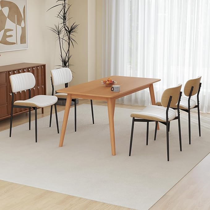 Modern PU Leather Dining Room Chairs Set of 4, Upholstered Kitchen Chairs with Curved Wood Backrest and Metal Legs Adjustable Feet for Kitchen Dining Room(White)