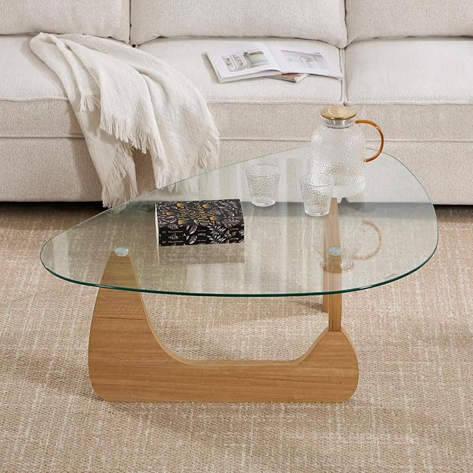 Modern Noguchi Coffee Table, Triangle Coffee Table with Tempered Glass Modern Vintage Glass Tea Table Wood Glass Accent Center Table for Living Room, 22.5"x32.5"x16", Log Transparent