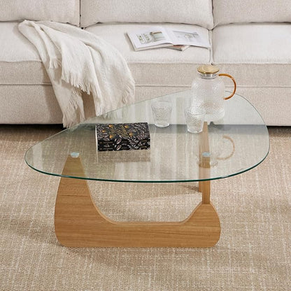 Modern Noguchi Coffee Table, Triangle Coffee Table with Tempered Glass Modern Vintage Glass Tea Table Wood Glass Accent Center Table for Living Room, 22.5"x32.5"x16", Log Transparent