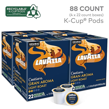 Lavazza Costiera Gran Aroma, Single-Serve Keurig K-Cup Pods, Light Roast Coffee, 88-Count Box (4 Packs of 22)