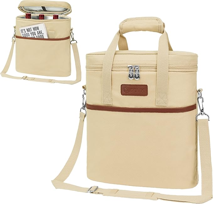 OPUX 3 Bottle Wine Carrier Tote, Insulated Leakproof Wine Cooler Bag, Wine Travel Bag Tote for Picnic Beach, Portable Wine Bottle Carrying Case, Gift for Wine Lover Women Men Christmas, Beige Cream