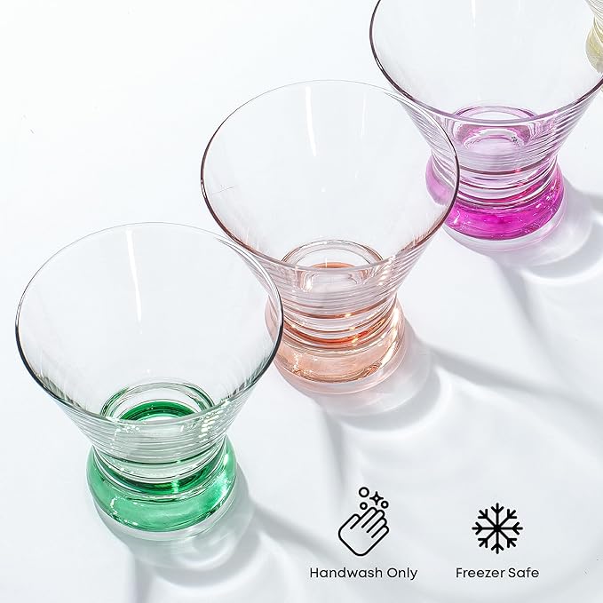 JoyJolt Hue 7.5oz Martini Glasses, Cocktail Glassware Set of 6, Colored Glass Base, Stemless Drinking Glasses for Margarita, Bar, Shrimp Cocktail, Juice