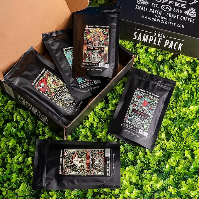Bones Coffee Company NEW World Tour Sample Pack, Single-Origin Flavored Coffee Low Acid Medium Roast Arabica Beans Specialty Coffee Gifts Compatible Auto Drip and French Press, 4 oz Pack of 5 Ground