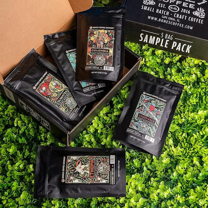 Bones Coffee Company NEW World Tour Sample Pack, Single-Origin Flavored Coffee Low Acid Medium Roast Arabica Beans Specialty Coffee Gifts Compatible Auto Drip and French Press, 4 oz Pack of 5 Ground