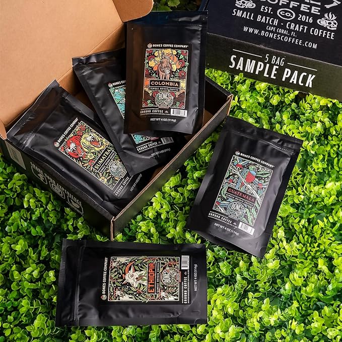 Bones Coffee Company NEW World Tour Sample Pack, Single-Origin Flavored Coffee Medium Roast Arabica Beans Specialty Coffee Gifts Compatible Auto Drip and French Press, 4 oz Pack of 5 Whole Bean