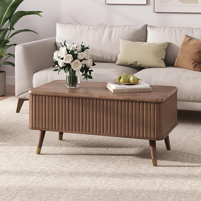 Lift Top Coffee Table, Mid Century Modern Coffee Table with Hidden Storage Compartment, 38" Fluted Center Table for Living Room, Home Office, Walnut
