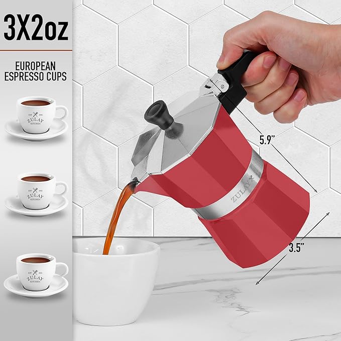 Zulay Moka Pot Espresso Stovetop Coffee Maker - Leak-Proof, Stainless Steel, Easy to Clean, Heat Resistant Handle & Knob - for Authentic Cuban & Italian Style Espresso - Makes 3 Espresso Cups - Red
