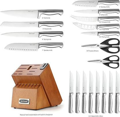 McCook® Kitchen Knife Sets,German Stainless Steel Knives Block Set with Built-in Sharpener