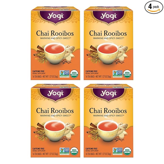 Yogi Tea Chai Rooibos Tea - 16 Tea Bags per Pack (4 Packs) - Spiced Organic Rooibos Tea - Provides Antioxidants - Caffeine-Free - Includes Cardamom, Cinnamon, Ginger & Clove