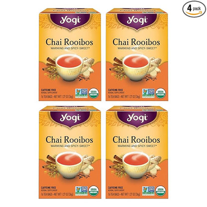 Yogi Tea Chai Rooibos Tea - 16 Tea Bags per Pack (4 Packs) - Spiced Organic Rooibos Tea - Provides Antioxidants - Caffeine-Free - Includes Cardamom, Cinnamon, Ginger & Clove