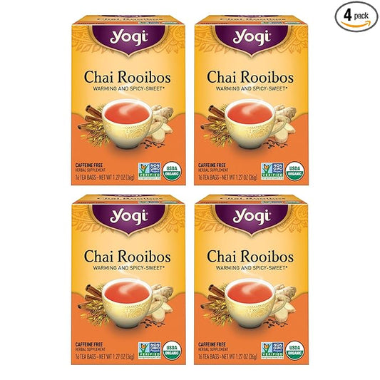 Yogi Tea Chai Rooibos Tea - 16 Tea Bags per Pack (4 Packs) - Spiced Organic Rooibos Tea - Provides Antioxidants - Caffeine-Free - Includes Cardamom, Cinnamon, Ginger & Clove