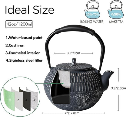 Cast iron Teapot, Tea Kettle for Stovetop Safe with Stainless Steel Infuser, Japanese Hand-made Line Pattern Tea Pot Coated with Enameled Interior for 42oz, 1200ml Dark Blue